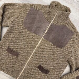 Lochaven Of Scotland Sweater Mens L Brown Wool Full Zip Quilted Elbow Patches